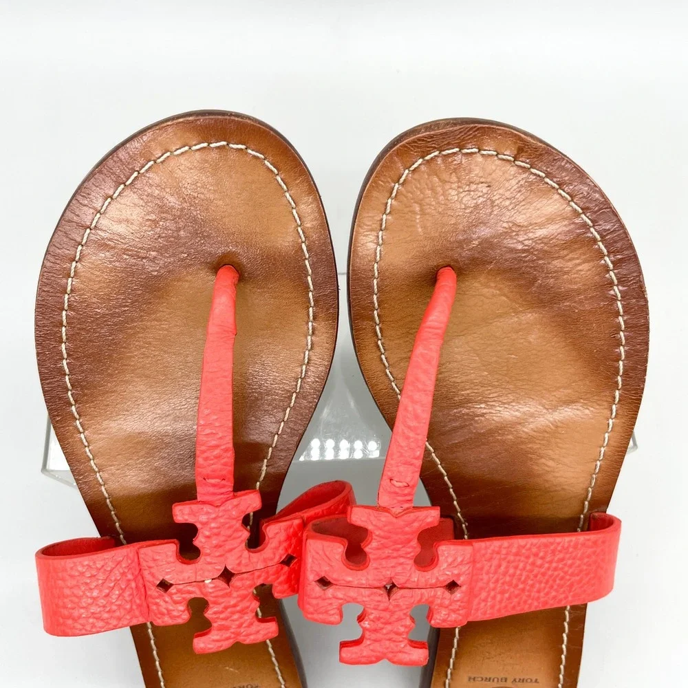 Tory Burch Moore Sandals Womens 10M Poppy Red Leather Logo Thong Flats Preppy